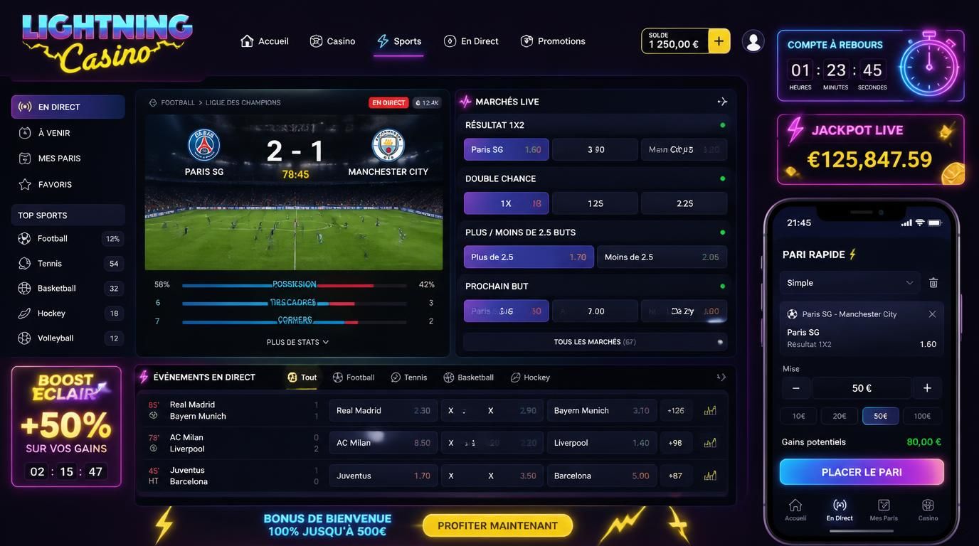 Match en direct avec animation du temps, interface live du pari, ambiance de stade