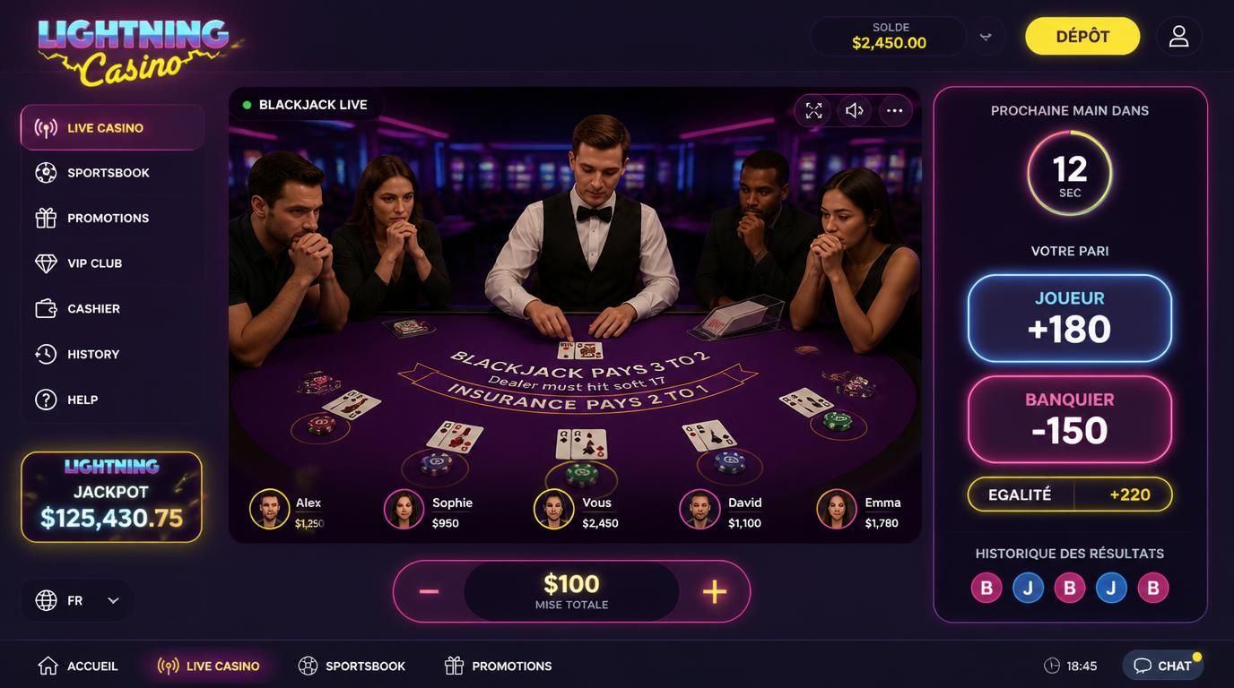 Table de casino live avec croupier, cotes américaines visibles, joueurs concentrés