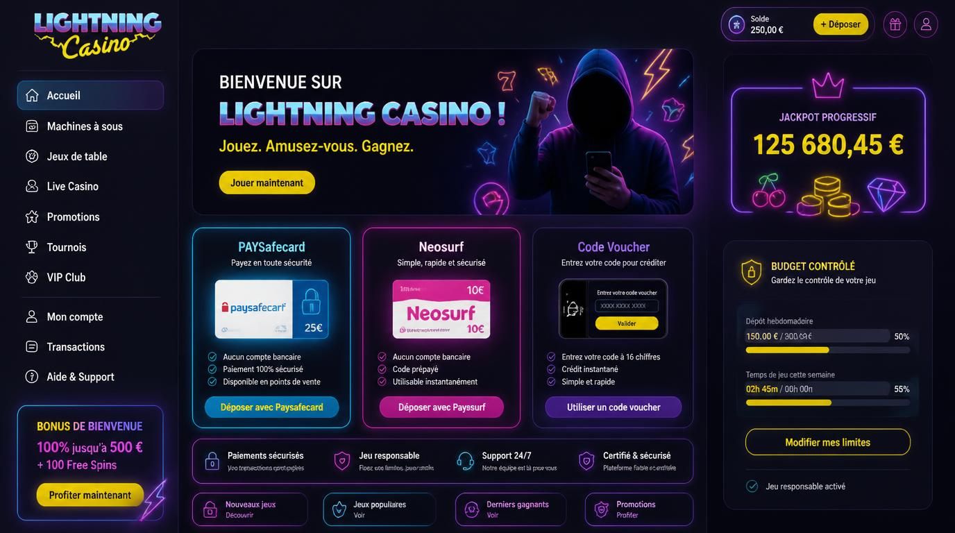 Interface de dépôt prépayé avec Paysafecard et Neosurf pour budget contrôlé