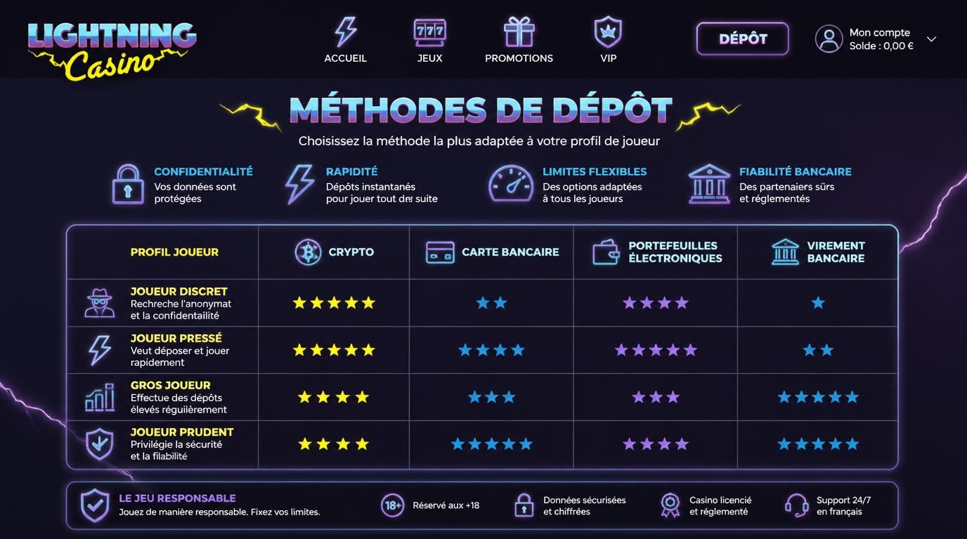 Choix de méthode de dépôt adapté selon type de joueur