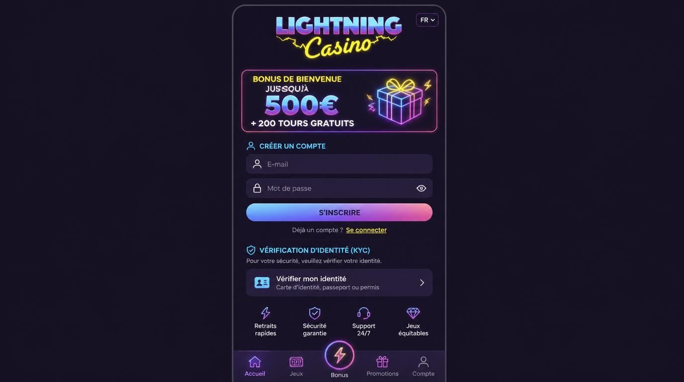 Interface mobile avec formulaire d’inscription et bonus mis en avant