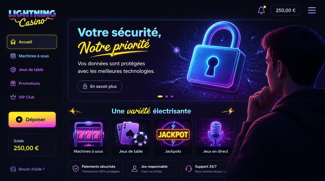 Interface casino montrant sécurité et variété de jeux pour joueur prudent